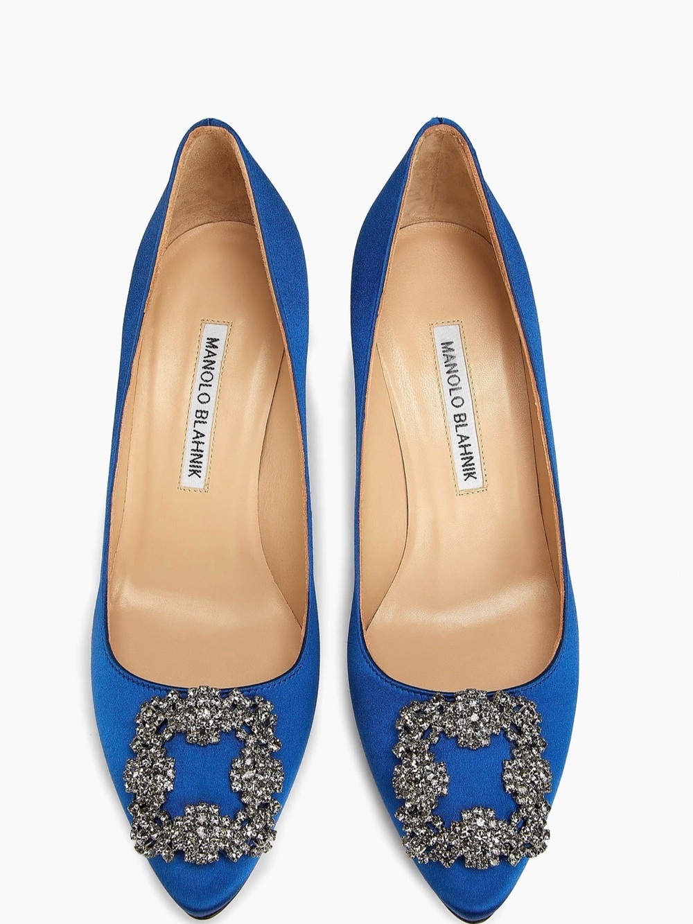 Manolo Blahnik Cobalt Blue Satin Pointed-Toe Pumps with Crystal Buckles.